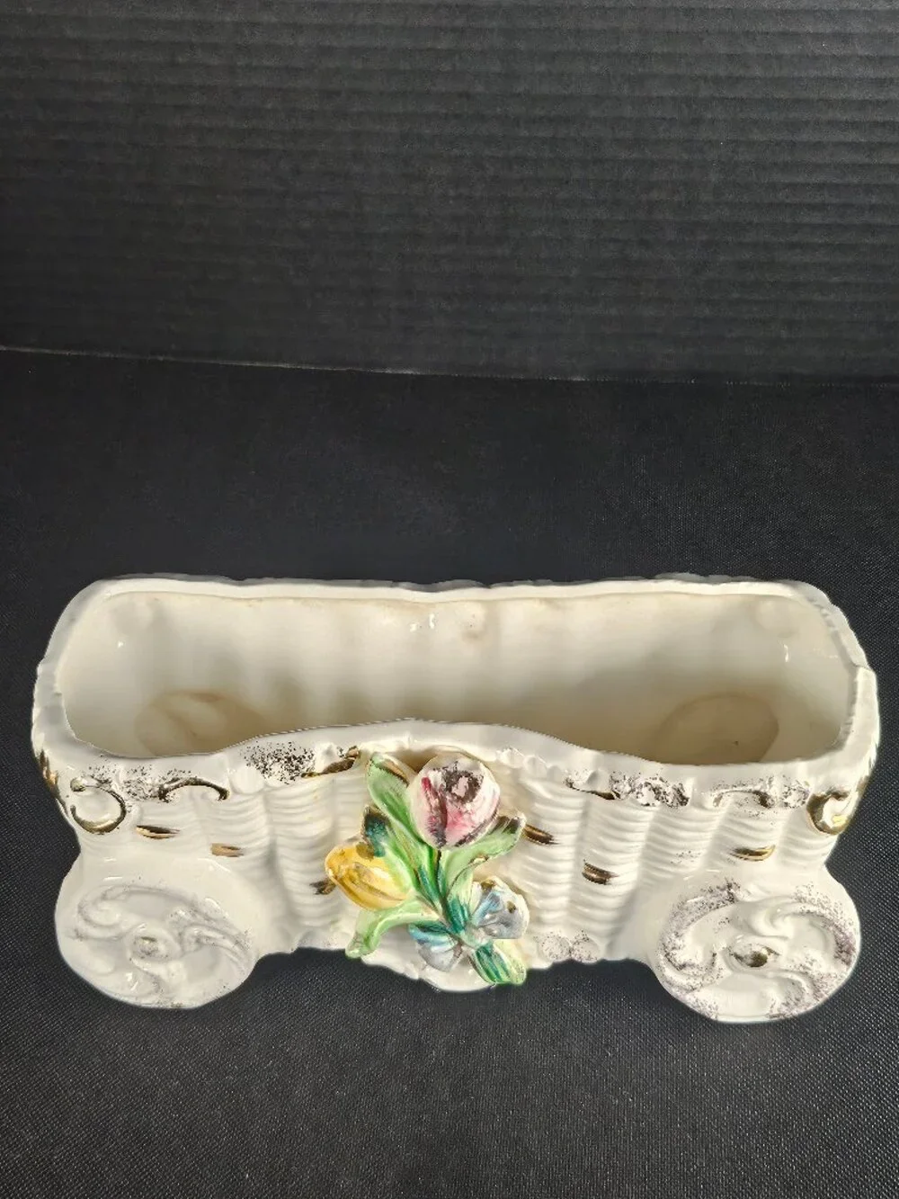 Tilso Japan's Ceramic Basket Wagon Planter Hand Painted Tulips Gold Trim